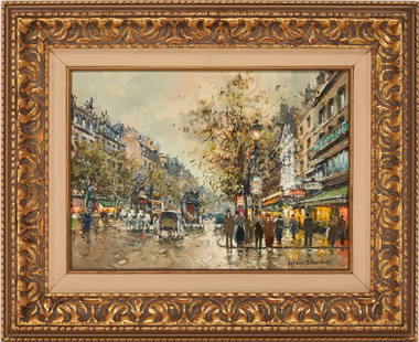 Antoine Blanchard O/C Paris Street Scene, Grands Boulevard: Antoine Blanchard (French, 1910-1988) oil on canvas Impressionist Parisian street scene painting set along the Grands Boulevard in the early 20th century. Figures walk along the busy sidewalk while ho