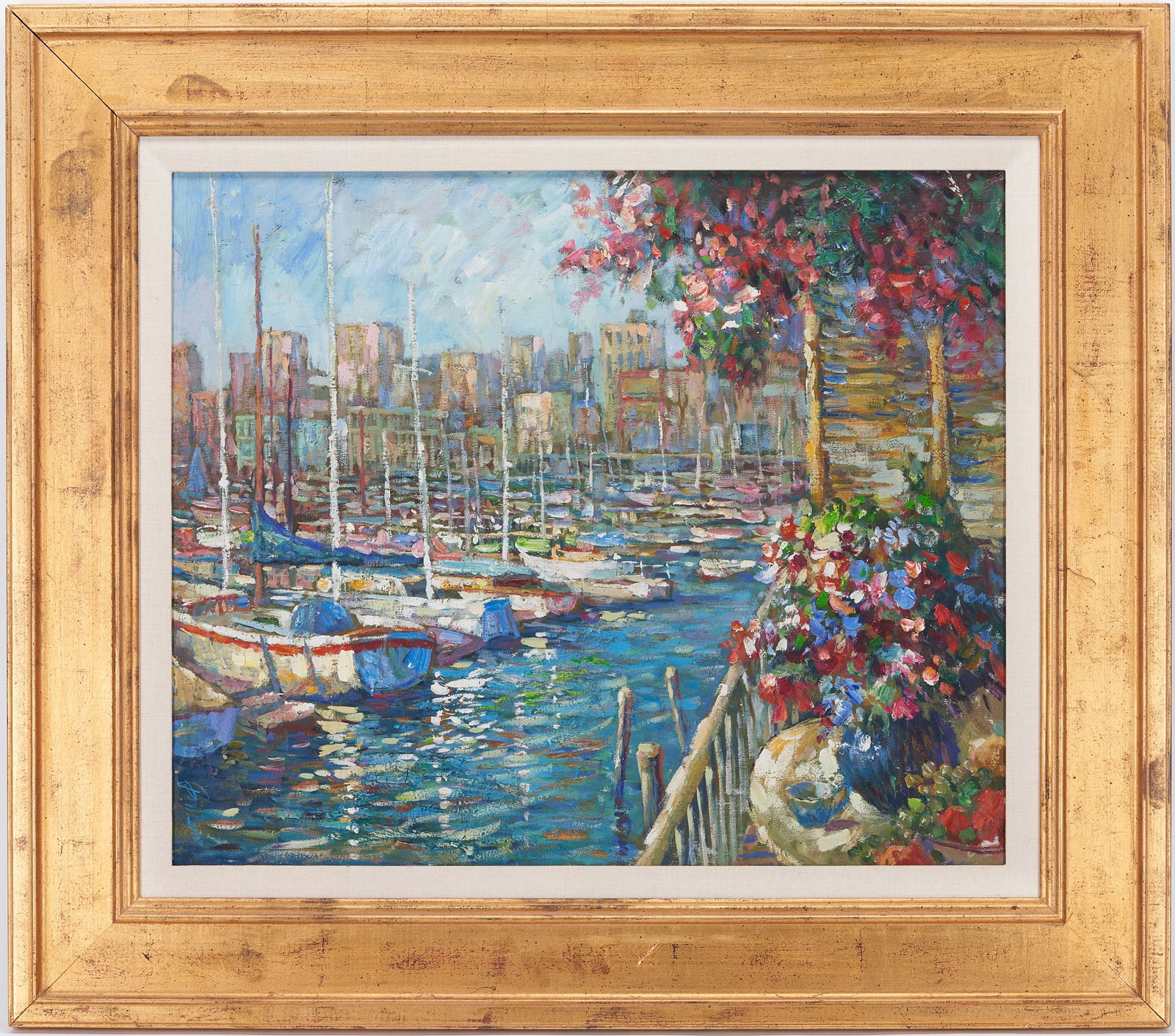 Patrick Ryan aka Henri Plisson O/C Mediterranean Harbor Scene: Patrick Ryan, also known as Henri Plisson (American, 1934-2006) Impressionist style oil on canvas painting depicting a flower-filled terrace overlooking a boat dock; in the background are several tall