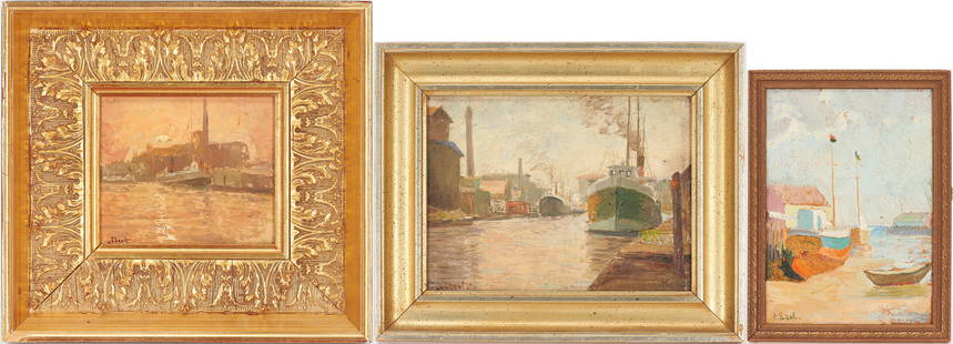 3 Small Marine Paintings, Charles H. Ebert & Albert Edel: Three (3) New England maritime scenes. 1st item: Charles H. Ebert (Wisconsin/Connecticut, 1873-1959) small oil on board painting depicting an industrial harbor with several steamships docked along a w