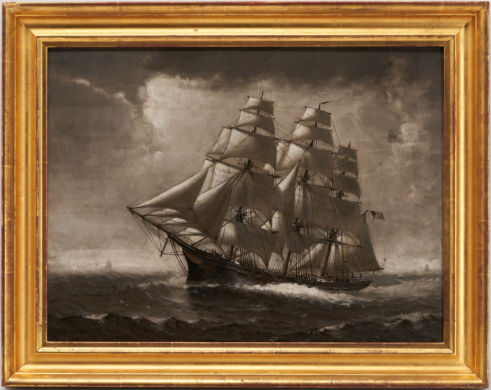 Marshall Johnson O/C Nautical Painting, American Clipper Ship: Marshall Johnson, Jr. (American, c.1850-1921) oil on canvas marine painting of an American clipper ship in choppy seas, rendered in grisaille. Signed lower left. Housed in a molded lemon-gilt style wo