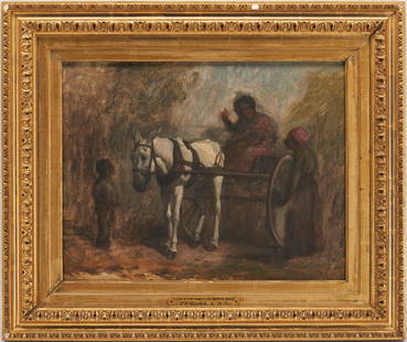 Platt Powell Ryder African American Genre Painting, c. 1880, Road to Darbytown: Attributed to Platt Powell Ryder (New York, 1821-1896), oil on canvas painting, depicting an African-American figure seated on a mule-drawn cart, likely on the road to Darbytown, Pennsylvania from the