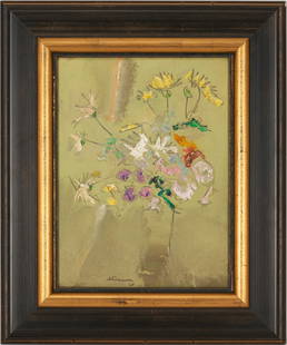 Sterling Strauser O/B '68 Floral Still Life Painting plus Signed Photograph: Sterling Boyd Strauser (Pennsylvania, 1907-1995) oil on board still life painting depicting a colorful bouquet of flowers within a narrow vase on a pastel green background. Signed and dated "Strauser