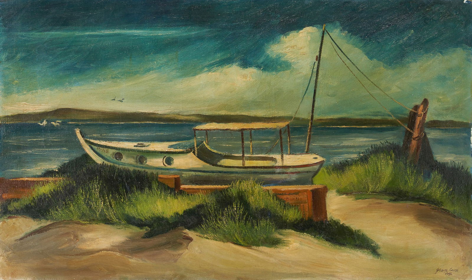 George Cress O/B Large Seashore Scene with Boat (1 of 12)