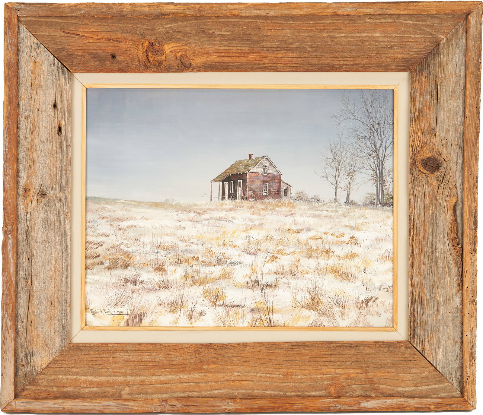Marion Bryant Cook Winter Landscape, Home Sweet Home: Marion Bryant Cook (Tennessee, 1933-2018) painting of a house in a snowy field under a grey sky, likely Tennessee, signed and dated lower left "Marion Cook 2-1970". Inscribed "Home Sweet Home" to stre