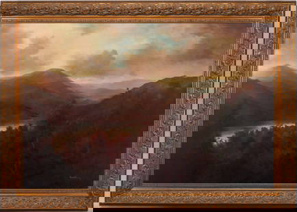 Very Large Ron Williams O/C Fall Mountain Landscape Painting: Large Ron Williams (Tennessee, 1947-2016) oil on canvas panoramic fall landscape painting depicting the rolling Smoky Mountains receding into the distance. With a lake or river visible in the middle g