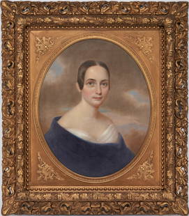 O/C Portrait of Ann Coleman Overton Brinkley, by or after John Wood Dodge: Southern oil on canvas oval bust portrait of Ann (Anne) Coleman Overton Brinkley of Tennessee (1823-1845), daughter of Judge John Overton of Nashville, depicting the sitter with dark hair and blue eye