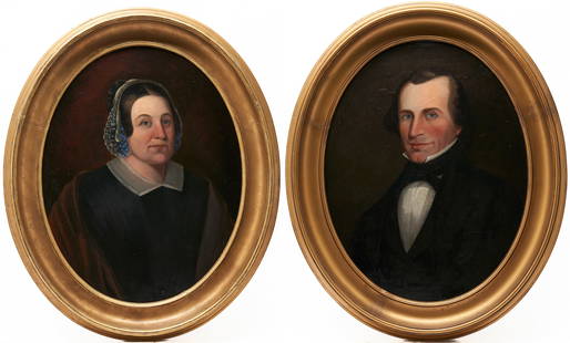 Pair of 19th c. Southern Portraits, Boone Family: Pair of mid 19th century oval portraits, oil on canvas laid down on board, identified by oral history as John and Martha Boone of North Carolina, distant relatives of Daniel Boone. Both subjects are d