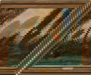 James Bailey O/C Modernist Landscape, 1929: James G. Bailey (Kentucky, Paris, California, 1868-1930) oil on canvas woodland landscape. Signed and dated "James G. Bailey 1929," lower left. With label from R. Lerondelle, Paris, affixed to the bac