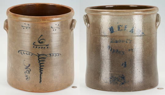 2 Large Cobalt Decorated Storage Jars: 1st item: Ripley, Illinois cobalt decorated 4-gallon salt-glazed stoneware pottery storage jar, having a thick rolled rim, lug handles, and incised line encircling the jar below the handles. Faintly c