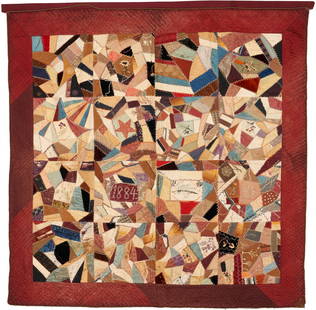 American Crazy Quilt with Pictorial Embroidery, dated 1884: American Crazy Quilt, dated 1884, hand pieced and hand quilted featuring multicolored embroidery visible on top, rendered in primarily solid colored silks, satins and velvets with a few stripes and pl