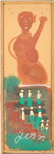 Jimmy Lee Sudduth Folk Art Painting: Jimmie Lee Sudduth (Alabama, 1910-2007) mixed media including paint and mud on compressed wood board, likely a furniture fragment, painting depicting a figure with one arm raised into the air with a g