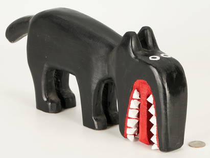 Minnie Adkins Folk Art Carved Black Bear: Minnie Adkins (Kentucky, born 1934) carved and painted figure of an open-mouthed bear, signed to underside and dated 2001. 6 1/2" H x 14" W x 2" D. PROVENANCE: The collection of Ronnie Steine, Nashvil