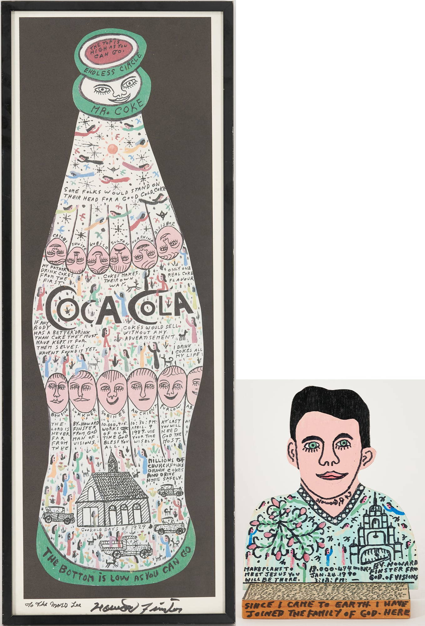 2 Howard Finster Outsider Artworks, Book End & Signed Coke Bottle Print ...