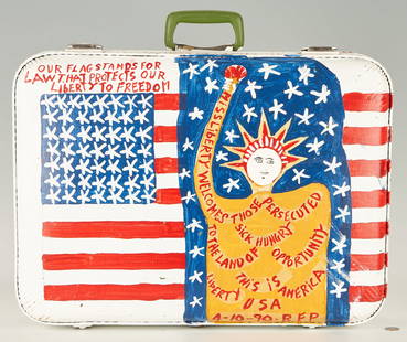 B.F. Perkins, All American Suitcase: Benjamin Franklin Perkins (Alabama, 1904-1993) folk art painted fiberglass suitcase, featuring Statue of Liberty and flag motifs, titled to sides and signed and dated 4-10-90 to lower right edge (each