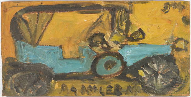 Small Justin McCarthy Folk Art Car Painting On Wood Block, Blue Daimler: Small Justin McCarthy (Pennsylvania, 1891-1977) oil on wood-block Folk Art painting titled "Daimler-MP" depicting a late 19th/early 20th-century blue car against a yellow background. Titled lower cent