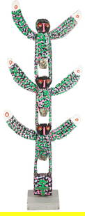 Tall Homer Green Folk Art Sculpture, Owl Totem: Homer Green (Tennessee, 1910-2002). Tall, polychromed carved wood totem of three owls with plastic eyes, all in colorful black, white, green-blue, and pink paint. Unsigned. 76 1/2"H x 29 1/2"W x 12"D.
