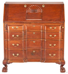 American Mahogany Block Front Chippendale Desk: New England Chippendale mahogany blocked and shell carved slant front desk, white pine and poplar secondary. Consisting of a fall front lid resting on two pull out slides, a fitted interior with four