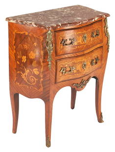 Diminutive Louis XV Style Marble Top Commode: French Louis XV style commode chest, serpentine contoured marble top over bombe body with two stacked drawers, atop four Louis XV style cabriole legs. Features book-matched parquetry veneers and marqu