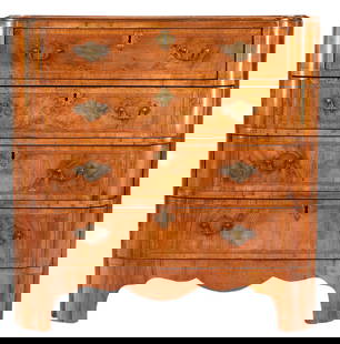 Diminutive Georgian Style Burl Wood Dressing Chest: A Diminutive Georgian style dressing chest of drawers with rounded corners. Top drawer with a fitted interior, adjustable mirror, and compartments over three additional drawers with oak sides. A book-