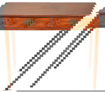 English Two Drawer Desk or Writing Table: English Georgian mahogany desk, writing table or side table with rectangular top having a slightly bowed front over two horizontal dovetailed drawers resting on four tapering straight legs, each drawe