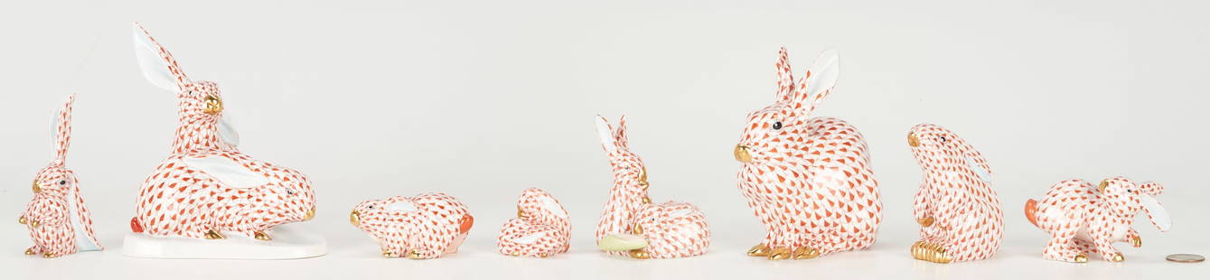 8 Herend Porcelain Rabbits, Red Fishnet Decoration incl. Bunnies with Corn: Eight (8) Herend porcelain hand-painted rabbits or bunny figurines with red fishnet decoration and gilt accents throughout. Includes two (2) pairs of young bunnies (one eating an ear of corn), one (1)