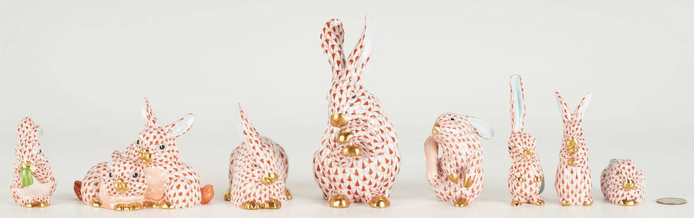 8 Herend Porcelain Bunnies, Red Fishnet Decoration, incl. Bunny with Lettuce: Eight (8) Herend porcelain hand-painted rabbits or bunny figurines with red fishnet decoration and gilt accents throughout. Includes one (1) pair of young bunnies, one (1) eating lettuce, one (1) larg