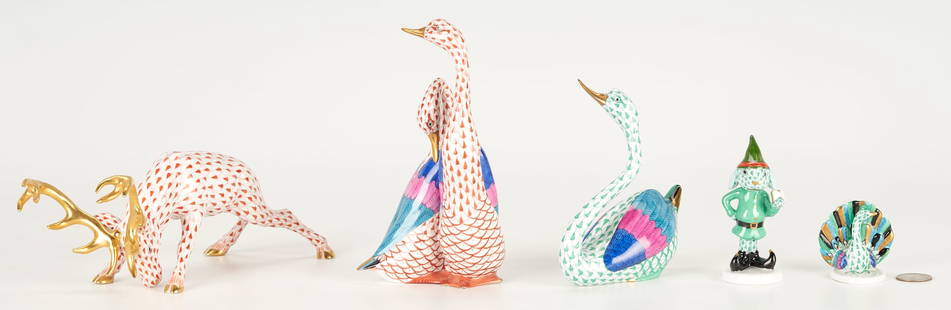 Grouping of 5 Herend Porcelain Animal Figures: An assembled group of five (5) porcelain Herend porcelain animals including; a red fishnet stag with gilt horns; a pair of conjoined red fishnet swans; a green fishnet swan; a green fishnet rabbit dre