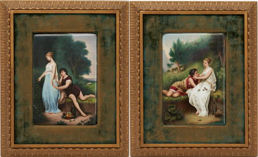 Pair of Austrian Hand-Painted Porcelain Plaques, Mythological Scenes: Pair of hand-painted porcelain plaques depicting mythological scenes, possibly of the Greek myth of Psyche. Each plaque depicts two figures attired in traditional clothing in a pastoral landscape with