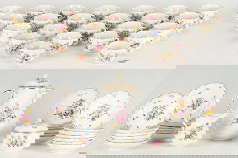 53 Pcs. Meissen Porcelain Coffee/Tea Service for 24: A Meissen hand-painted polychrome and parcel gilt porcelain tea or coffee service for twenty-four, total of fifty-three (53) pieces, decorated with bountiful floral sprigs and various insects. Set inc