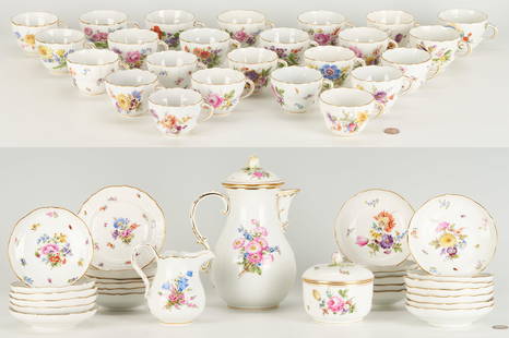 53 Pcs. Meissen Porcelain Coffee/Tea Service for 24: A Meissen hand-painted polychrome and parcel gilt porcelain tea or coffee service for twenty-four, total of fifty-three (53) pieces, decorated with bountiful floral sprigs and various insects. Set inc