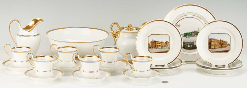 22 Pcs. KPM Gilt Porcelain, incl. Cabinet Plates of Berlin: Assembled set of twenty-two (22) KPM porcelain parcel gilt items. 1st-7th items: Seven (7) cabinet plates with polychrome painted vignettes to well, including six (6) small plates depicting landmarks