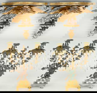 Pr. of Eagle Wall Sconces & Pr. of Eagle 2-LIght Candelabra: 1st & 2nd item: Pair of Federal style carved wood parcel gilt eagle wall sconces, having outstretched wings supporting a shelf with acorn decorations on each side. Each placed atop a painted perch wit
