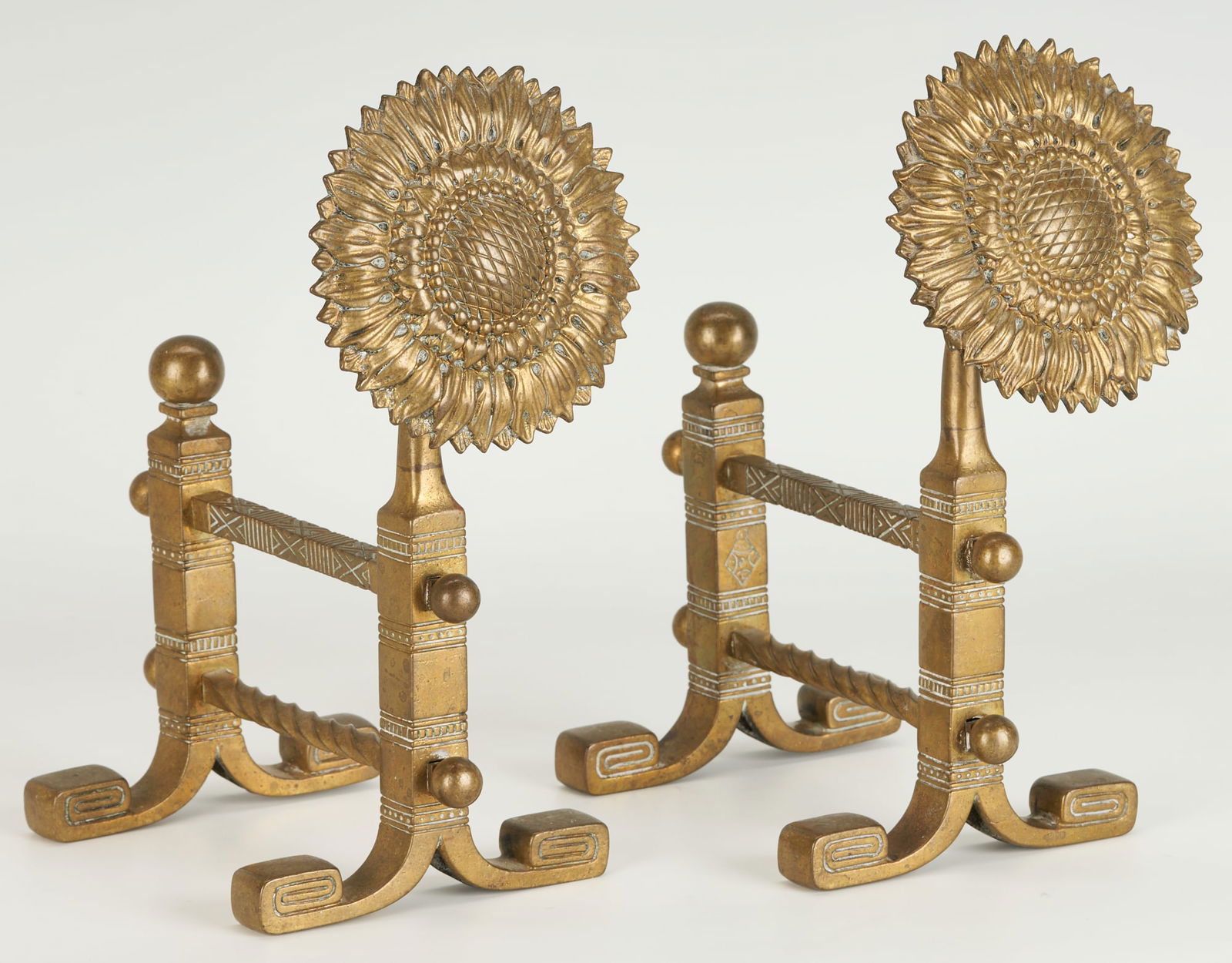 Pair of Aesthetic Movement Sunflower Brass Fire Dogs Tool Rests (1 of 6)