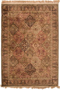 Persian Style Silk Rug, ex - Naomi Judd: A contemporary Persian style silk rug. All over central field of paneled floral sprays, floral boarders, and finish fringe edges. Silk on silk. Machine woven. 89" L x 62" W. Late 20th century. PROVENA