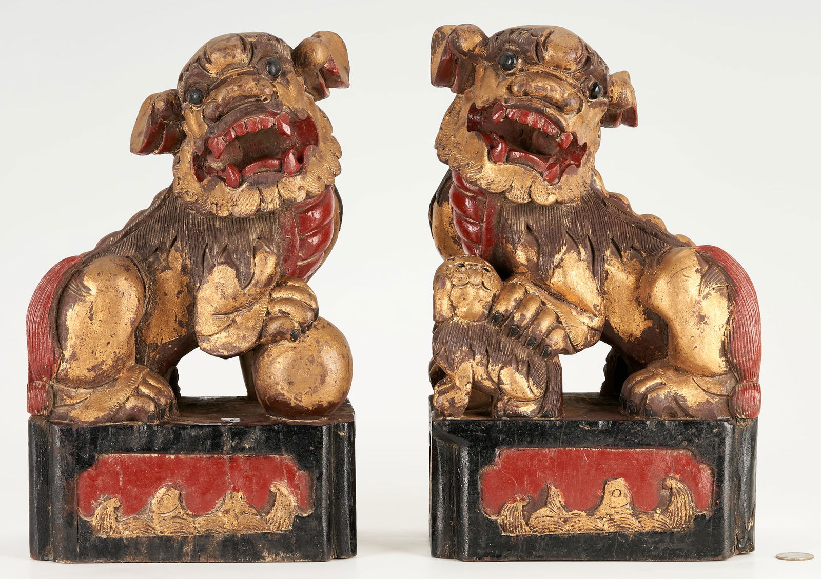 Pair Carved Parcel Gilt Chinese Foo Dogs (1 of 9)