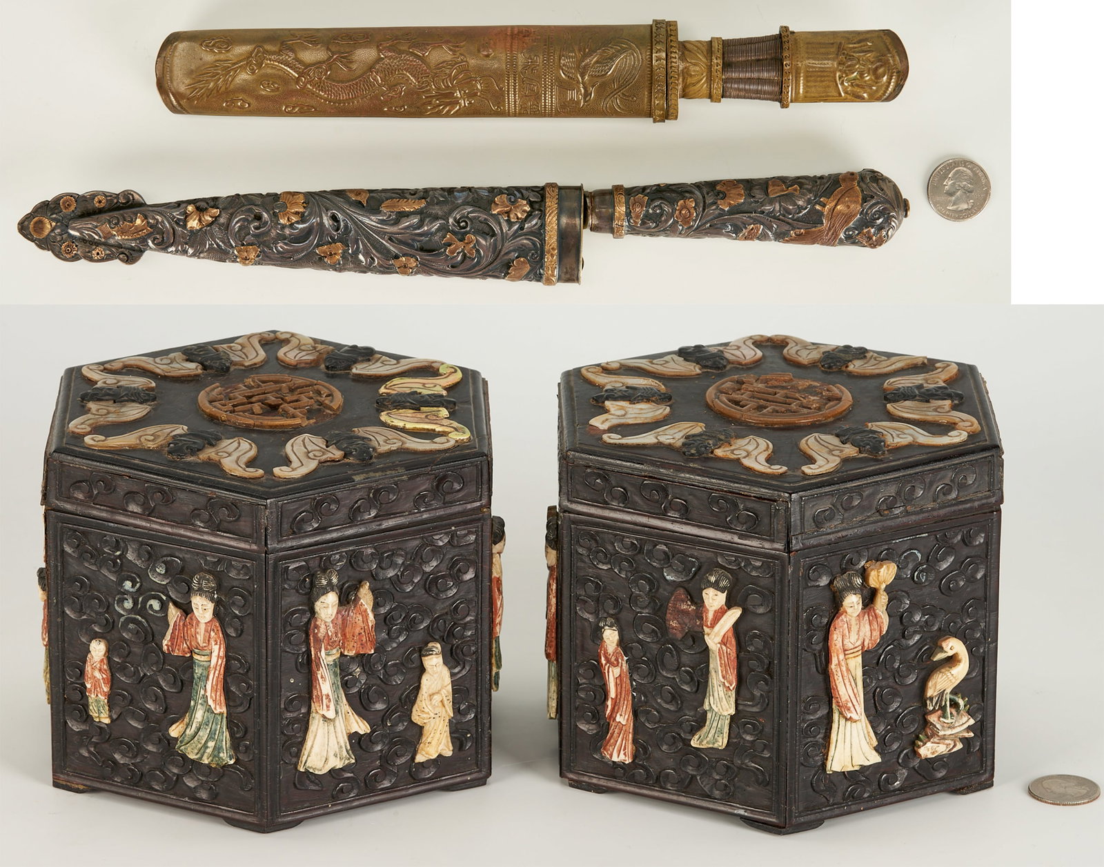 Pair of Chinese Lacquer Boxes & 2 Knives, Chinese & South American: 1st & 2nd items: Pair of Chinese hexagonal carved black lacquer boxes, the lid sides and body with carved cloud decoration. The lids with applied mother-of-pearl bat and carved Longevity symbol decora
