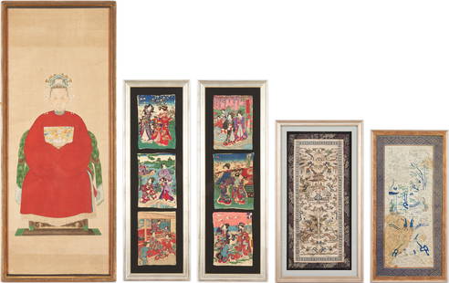 5 Asian Framed Items, Ancestor Portrait, Japanese Textile Prints, Chinese Embroideries: Five (5) Asian framed artworks, including Japanese prints on fabric and Chinese embroideries. 1st item: Chinese ancestor watercolor, gouache and ink on paper portrait, depicting a matriarch attired in