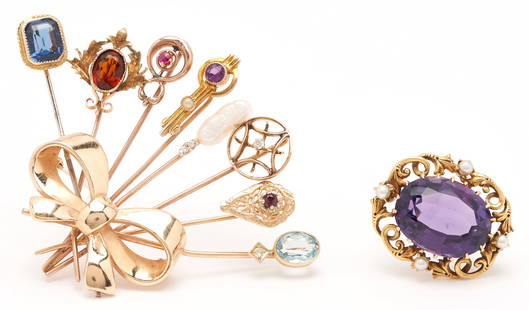 Gold & Gemstone Stickpin Brooch and 14K Amethyst Brooch: 1st item: Ladies 10K and 14K yellow gold stickpin brooch with eight (8) stickpins featuring a blue emerald cut glass, an oval garnet, a natural pink round sapphire, a round amethyst, a seed pearl, a n