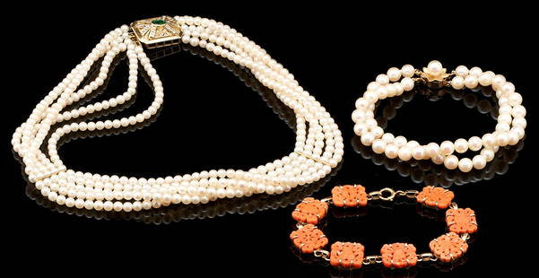 Multi-strand Pearl Necklace plus 2 Bracelets: Pearl, Coral (3 items): 3 ladies jewelry items. 1st item: Ladies' five-strand pearl necklace featuring four hundred sixty-five (465) cultured pearls approximately 4.0mm each. The clasp features a natural oval emerald accente