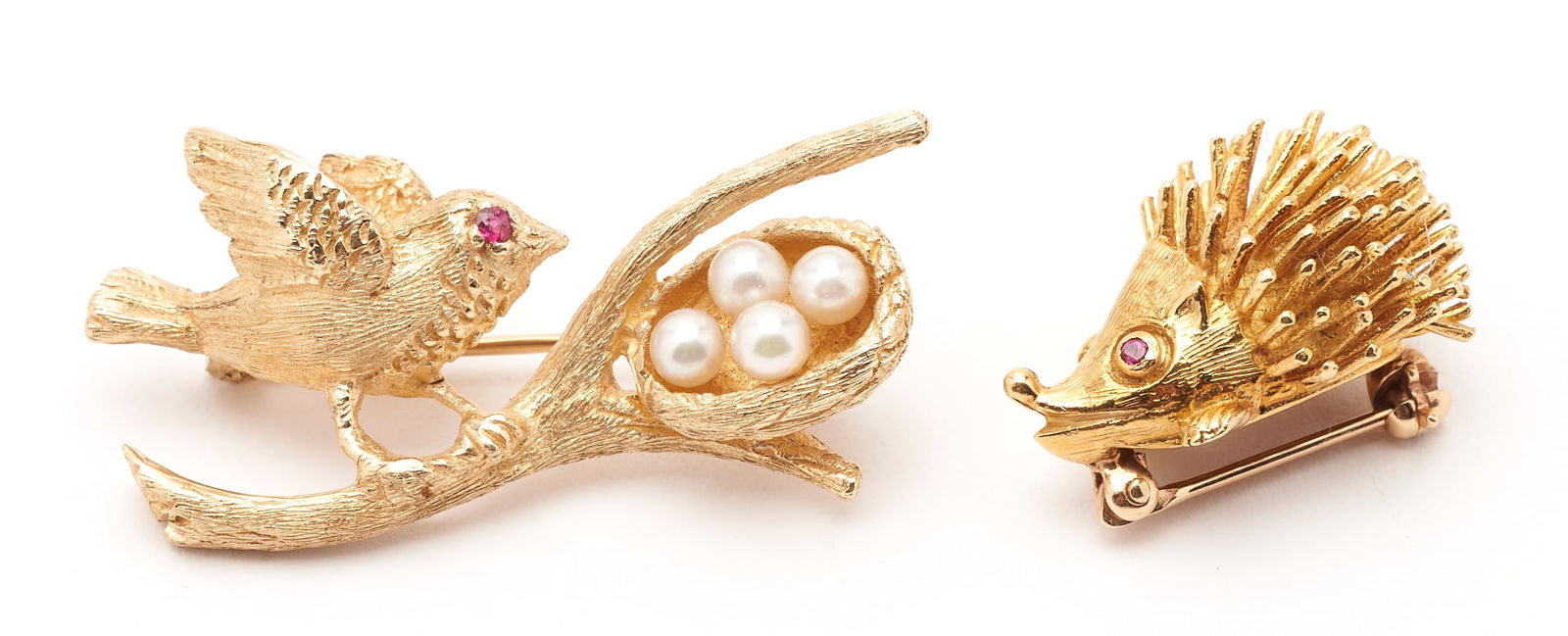 2 Yellow Gold & Gemstone Bird and Hedgehog Brooches, 18K and 14K (1 of 6)