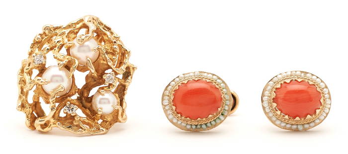 Pearl and Diamond Nugget Brooch plus Red Coral Earrings (2 items): 2 Gold and Gemstone Ladies Jewelry items. 1st item: Ladies 14K yellow gold nugget brooch featuring three (3) cultured pearls approximately 5 to 6mm each, accented by three (3) single cut diamonds appr