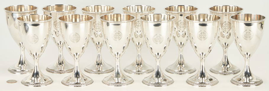 12 Meriden Sterling Goblets: Set of twelve (12) sterling silver goblets by Meriden Brittania Company, pattern 1209-1 and retailed by J. S. Company. All with Art Deco style monogram JC to the body and stamped on the base rim with