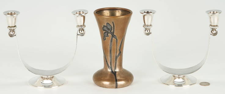 Pair Danish Modern Silver Candelabra & Heinz Mixed Metal Vase: Pair of Danish Modern style silver candelabra, each with two candle arms having ball and scroll design and campana shaped cups, joined by a central reeded curvilinear standard on a ball-and-ring form