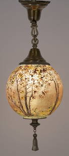 Handel Birds in Flight Hanging Lamp or Lantern: Antique Handel pendant light fixture featuring a hanging glass ball globe shade with textured exterior, reverse-painted with Birds in Flight amid trees. Brass metal hanging apparatus, complete with ca