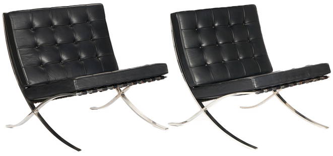 Pair 1960s Knoll Barcelona Black Leather Chairs, labeled: Pair Knoll Barcelona Chairs, designed in 1929 by Ludwig Mies van der Rohe and manufactured circa 1965. Original black tufted leather cushions with leather support straps, polished steel X-form legs. B