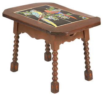 Taylor Tile California Pottery Table: California Taylor Tilery Pottery Arts & Crafts Table consisting of six inset tiles on a table top depicting two parrots, table with shaped skirt and splayed losenge turned legs resting on square feet