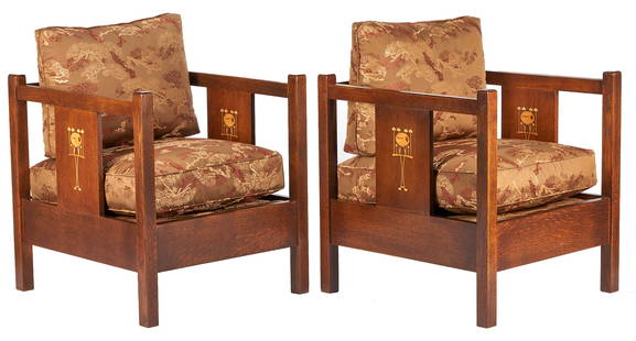 Pair of Harvey Ellis Prairie Armchairs, ex. Naomi Judd: Pair of Harvey Ellis Arts & Crafts style oak cube chairs having inlay accents on the sides and back panels, square block legs, upholstered seat and back with pattered cushions, each chair marked to un