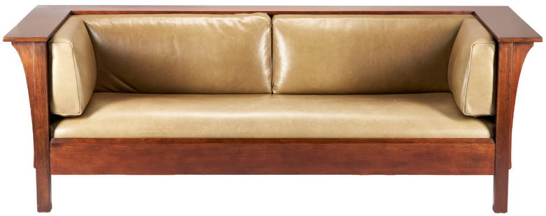 Stickley Prairie Settle, ex - Naomi Judd: A Stickley Manlius NY prairie settle finished in cherry, Prairie form with wraparound arms with corbel arched supports, paneled sides and back, supported on square block legs, with green leather uphol