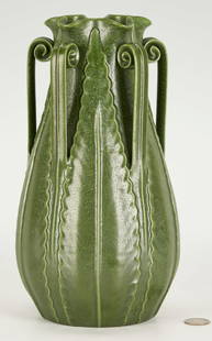 Ephraim Art Pottery Vase by Ken Nekola, ex - Naomi Judd: Ephraim art pottery vase designed by Ken Nekola. Tall bulbous form with molded leaf and scrolled arm decoration to the body with a ruffled rim and green crackle glaze. Ephraim Pottery stamp to the bas