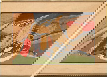 James Grant, Abstract Oil Collage Painting: James Grant (American/California, 1924-1997), "Collage with Purple Dots," mixed media on board abstract expressionist collage featuring complex earth-toned forms intermingled with bright red splotches